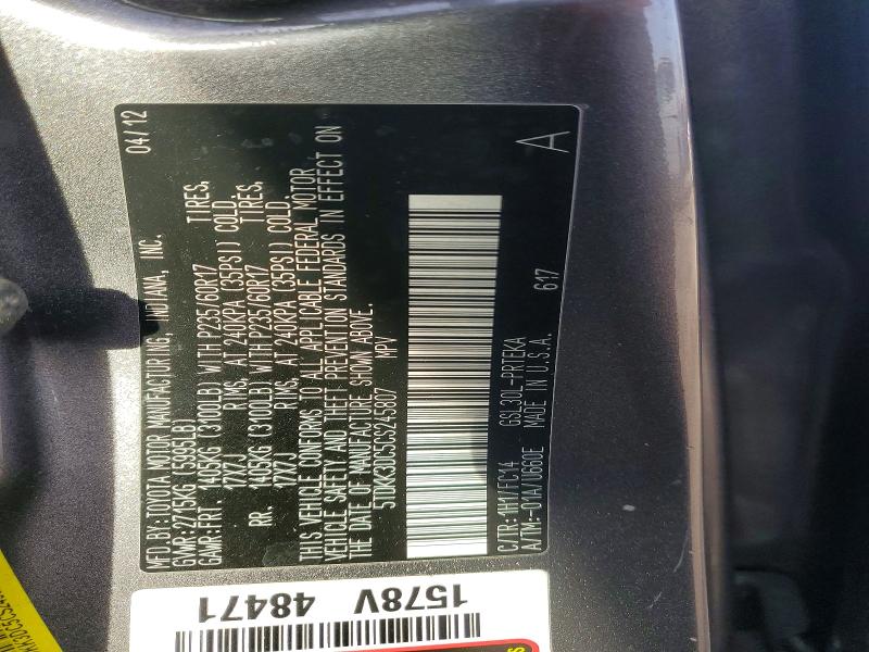 78076735 :رقم المزاد ، 5TDKK3DC5CS245807 vin ، 2012 Toyota Sienna مزاد بيع