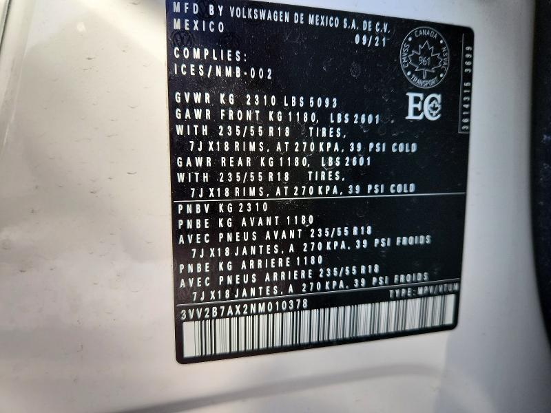 Aukcja sprzedaży 2022 Volkswagen Tiguan, vin: 3VV2B7AX2NM010378, numer aukcji: 78141235
