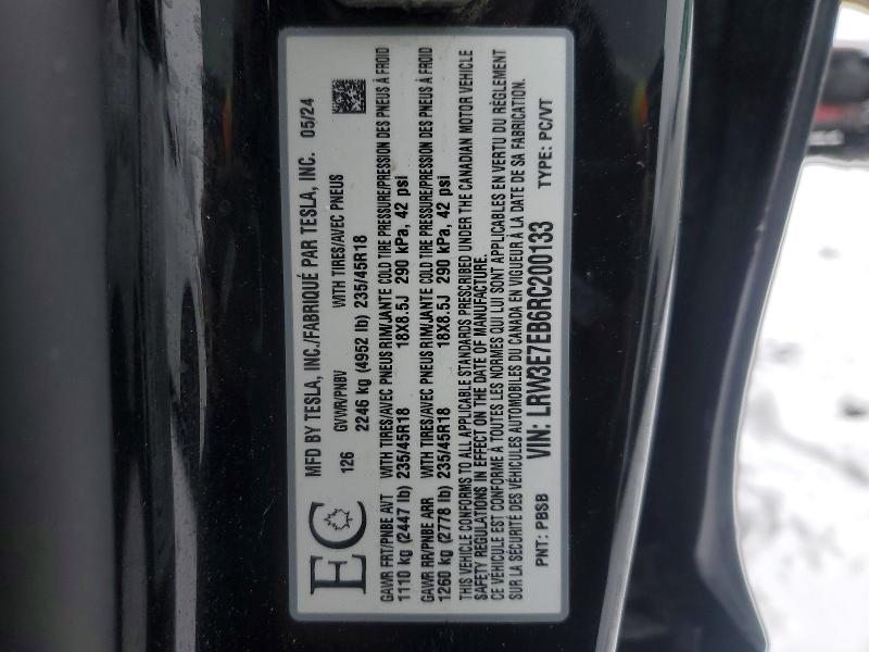 76321895 :رقم المزاد ، LRW3E7EB6RC200133 vin ، 2024 Tesla Model 3 مزاد بيع