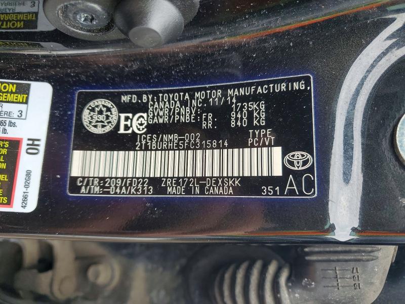 78833755 :رقم المزاد ، 2T1BURHE5FC315814 vin ، 2015 Toyota Corolla مزاد بيع