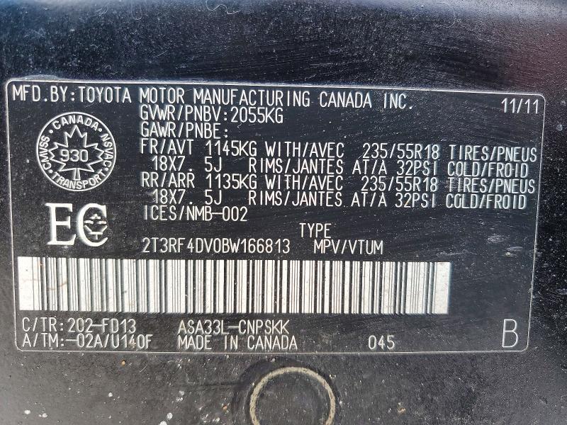 76622875 :رقم المزاد ، 2T3RF4DV0BW166813 vin ، 2011 Toyota Rav4 مزاد بيع