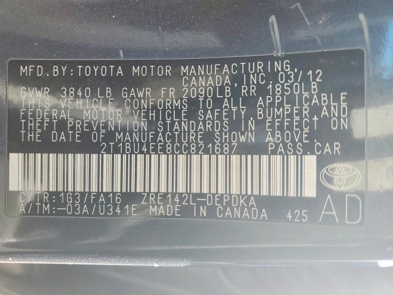Aukcja sprzedaży 2012 Toyota Corolla, vin: 2T1BU4EE8CC821687, numer aukcji: 75000275