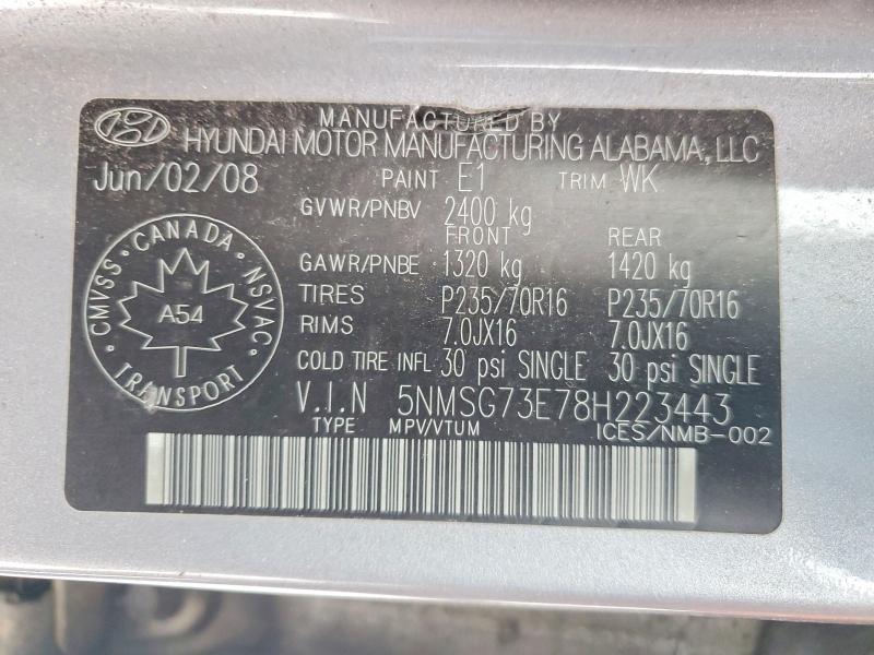 75981035 :رقم المزاد ، 5NMSG73E78H223443 vin ، 2008 Hyundai Santa Fe مزاد بيع