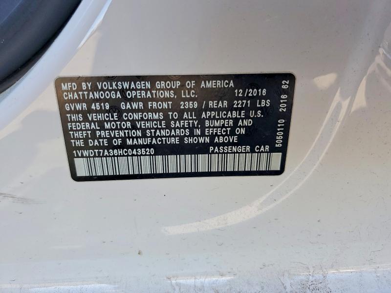Aukcja sprzedaży 2017 Volkswagen Passat, vin: 1VWDT7A36HC043520, numer aukcji: 79102135