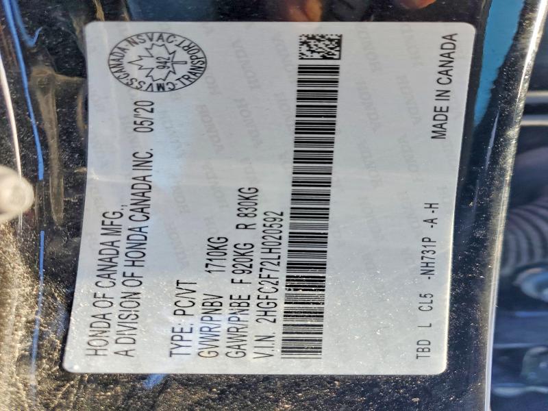 2020 Honda Civic მანქანა იყიდება აუქციონზე, vin: 2HGFC2F72LH020592, აუქციონის ნომერი: 74466465