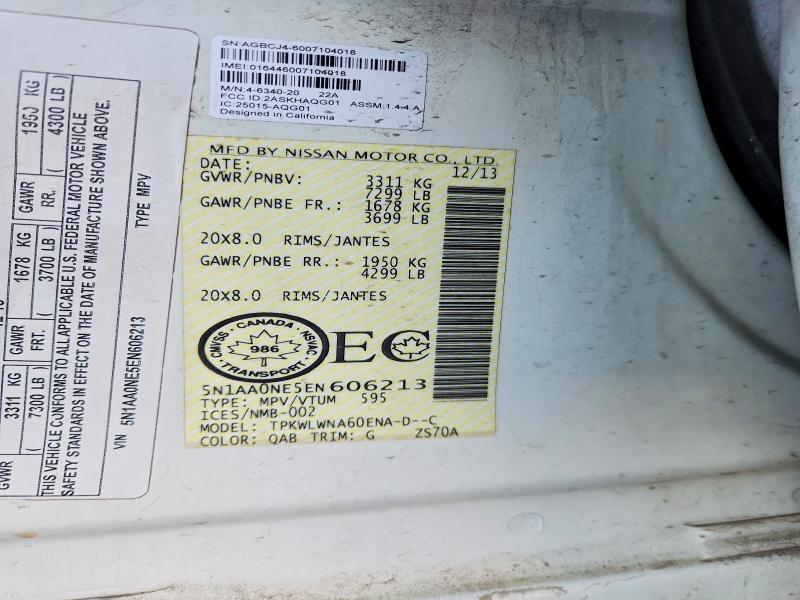 76360695 :رقم المزاد ، 5N1AA0NE5EN606213 vin ، 2014 Nissan Armada مزاد بيع