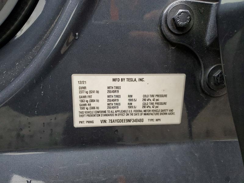 2022 Tesla Model Y მანქანა იყიდება აუქციონზე, vin: 7SAYGDEE9NF340480, აუქციონის ნომერი: 76072075