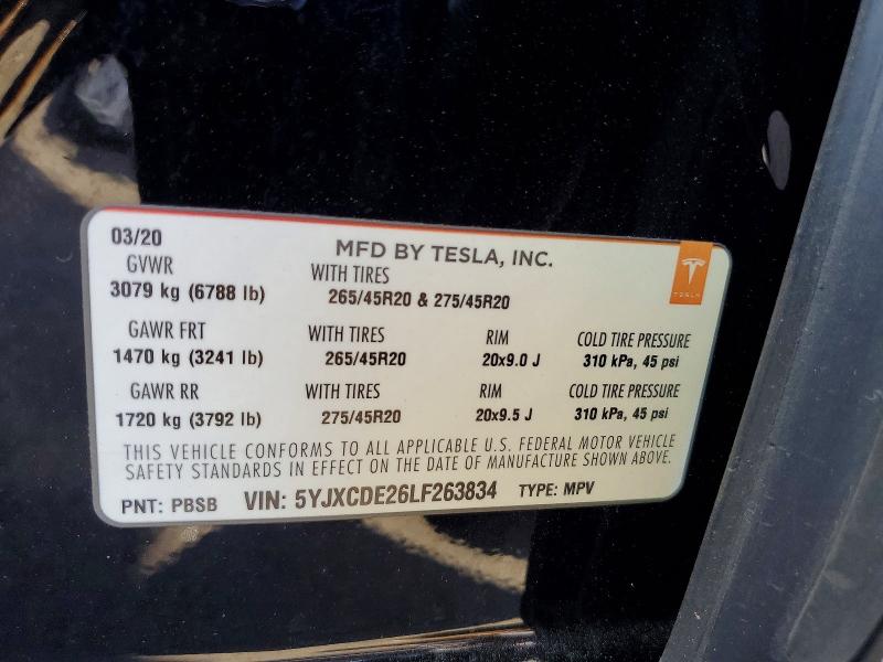 77247405 :رقم المزاد ، 5YJXCDE26LF263834 vin ، 2020 Tesla Model X مزاد بيع