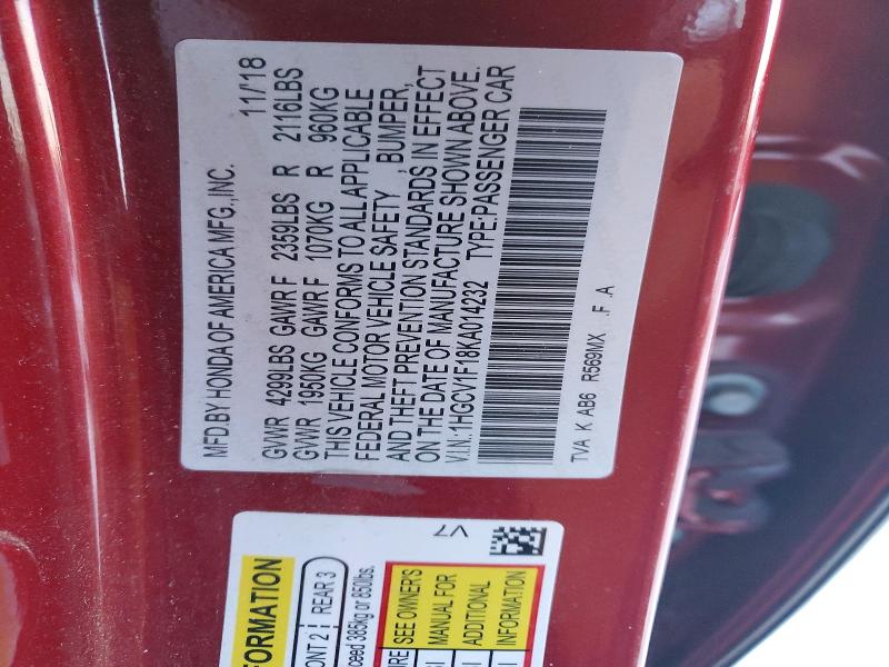 74244445 :رقم المزاد ، 1HGCV1F18KA014232 vin ، 2019 Honda Accord مزاد بيع