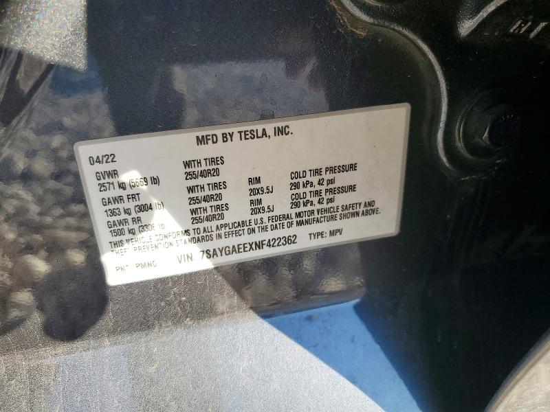 2022 Tesla Model Y მანქანა იყიდება აუქციონზე, vin: 7SAYGAEEXNF422362, აუქციონის ნომერი: 74955395