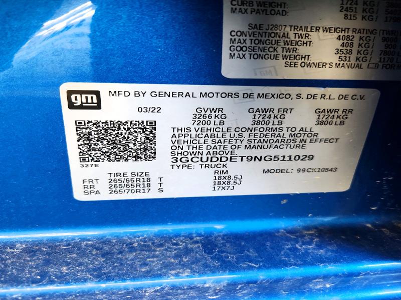 2022 Chevrolet Silverado მანქანა იყიდება აუქციონზე, vin: 3GCUDDET9NG511029, აუქციონის ნომერი: 78433385