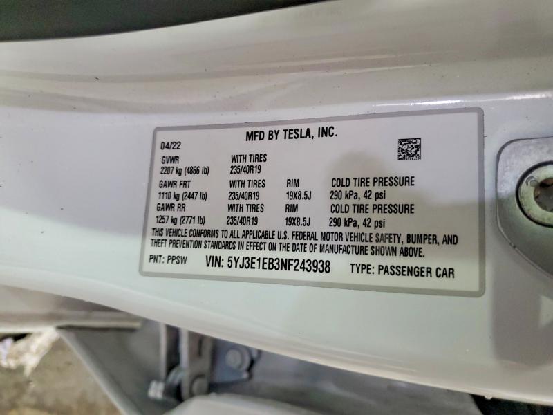 78160245 :رقم المزاد ، 5YJ3E1EB3NF243938 vin ، 2022 Tesla Model 3 مزاد بيع