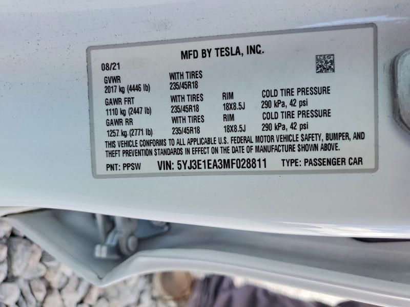 77231285 :رقم المزاد ، 5YJ3E1EA3MF028811 vin ، 2021 Tesla Model 3 مزاد بيع