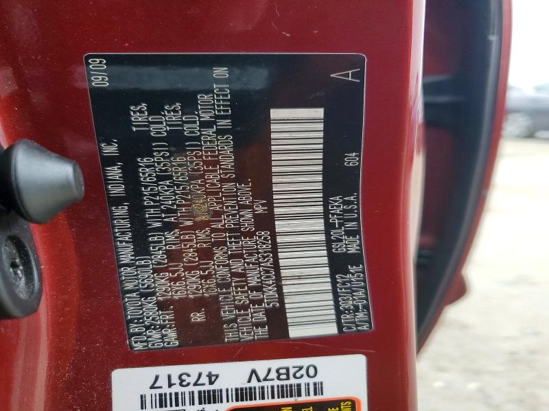Aukcja sprzedaży 2010 Toyota Sienna, vin: 5TDKK4CC7AS318258, numer aukcji: 77992185