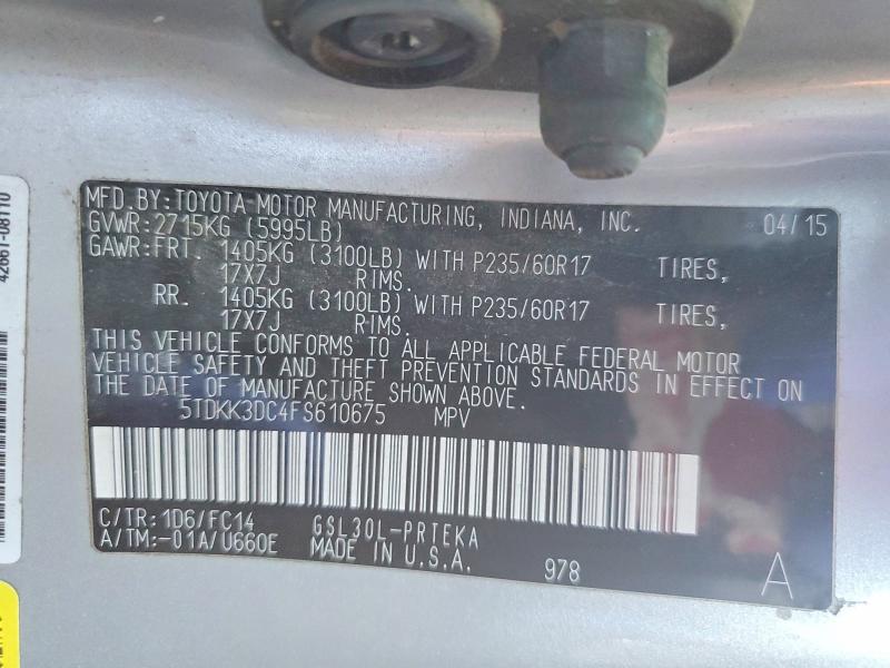 77886765 :رقم المزاد ، 5TDKK3DC4FS610675 vin ، 2015 Toyota Sienna مزاد بيع