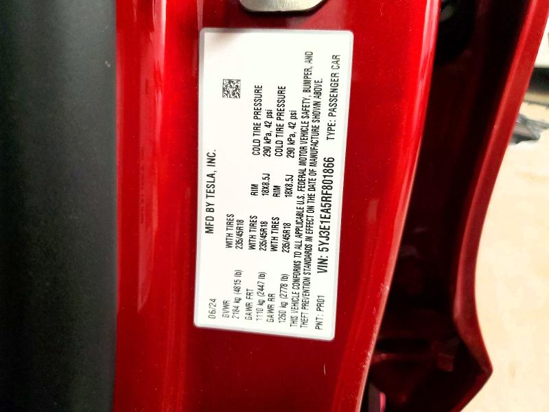 Продажа на аукционе авто 2024 Tesla Model 3, vin: 5YJ3E1EA5RF801866, номер лота: 77174855