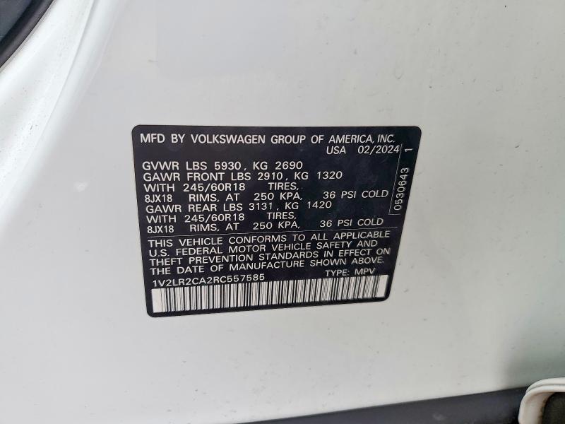 2024 Volkswagen Atlas მანქანა იყიდება აუქციონზე, vin: 1V2LR2CA2RC557585, აუქციონის ნომერი: 76600685