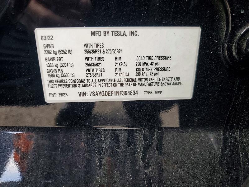 2022 Tesla Model Y მანქანა იყიდება აუქციონზე, vin: 7SAYGDEF1NF394834, აუქციონის ნომერი: 76286015