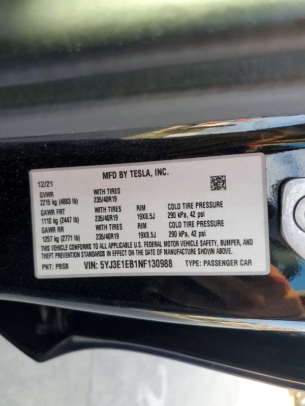 76197015 :رقم المزاد ، 5YJ3E1EB1NF130988 vin ، 2022 Tesla Model 3 مزاد بيع