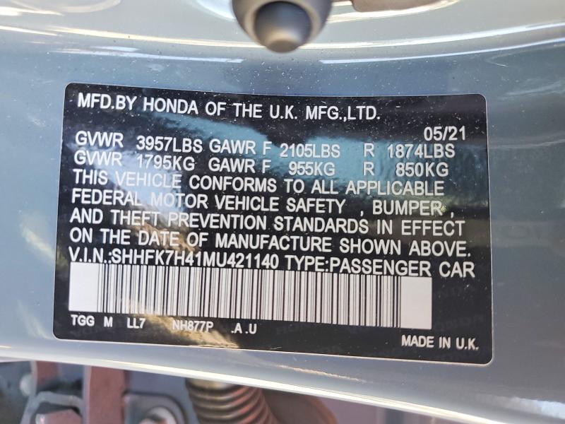77424315 :رقم المزاد ، SHHFK7H41MU421140 vin ، 2021 Honda Civic مزاد بيع