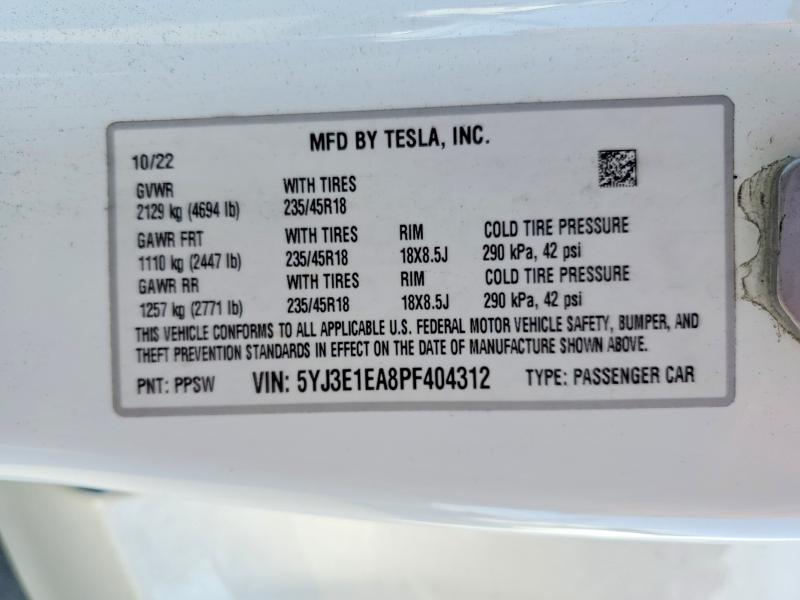 Продажа на аукционе авто 2023 Tesla Model 3, vin: 5YJ3E1EA8PF404312, номер лота: 75892565