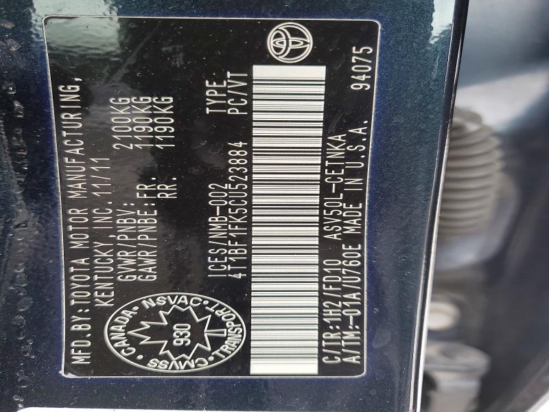 76109215 :رقم المزاد ، 4T1BF1FK5CU523884 vin ، 2012 Toyota Camry مزاد بيع