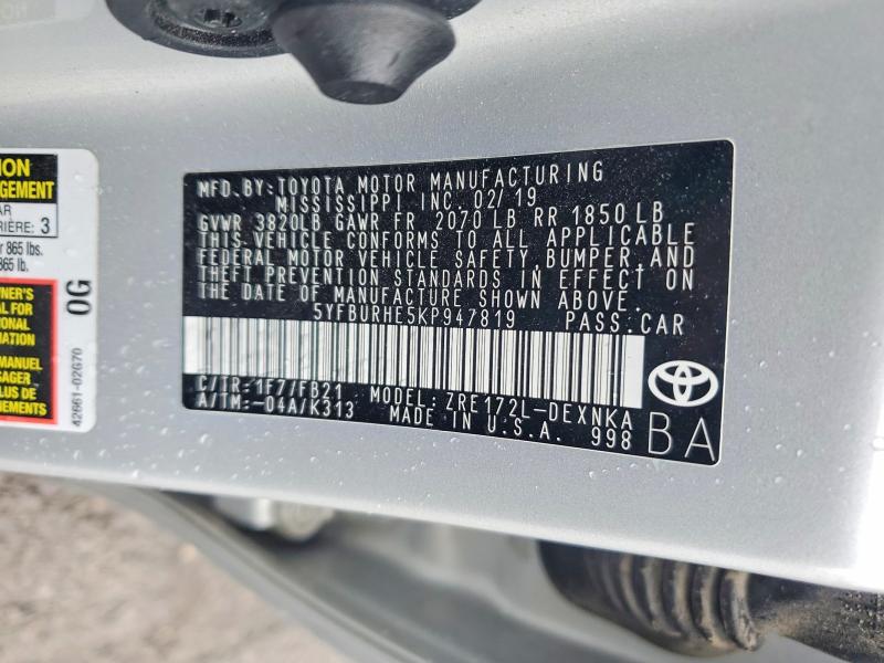 2019 Toyota Corolla მანქანა იყიდება აუქციონზე, vin: 5YFBURHE5KP947819, აუქციონის ნომერი: 78317015