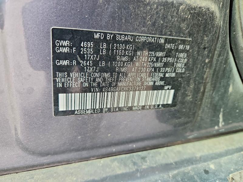 2019 Subaru Outback მანქანა იყიდება აუქციონზე, vin: 4S4BSAFCXK3379127, აუქციონის ნომერი: 77867865