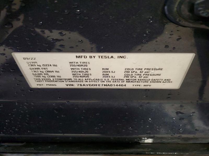 78999925 :رقم المزاد ، 7SAYGDEE7NA014464 vin ، 2022 Tesla Model Y مزاد بيع