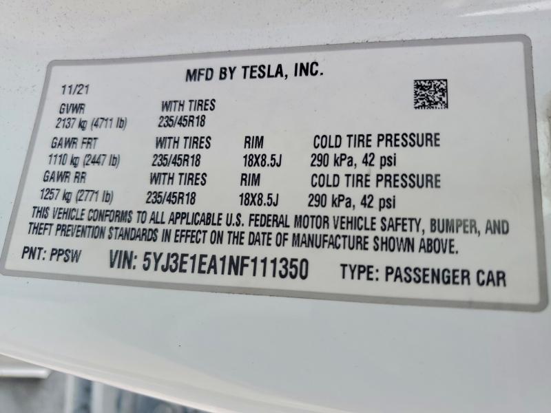 76348155 :رقم المزاد ، 5YJ3E1EA1NF111350 vin ، 2022 Tesla Model 3 مزاد بيع