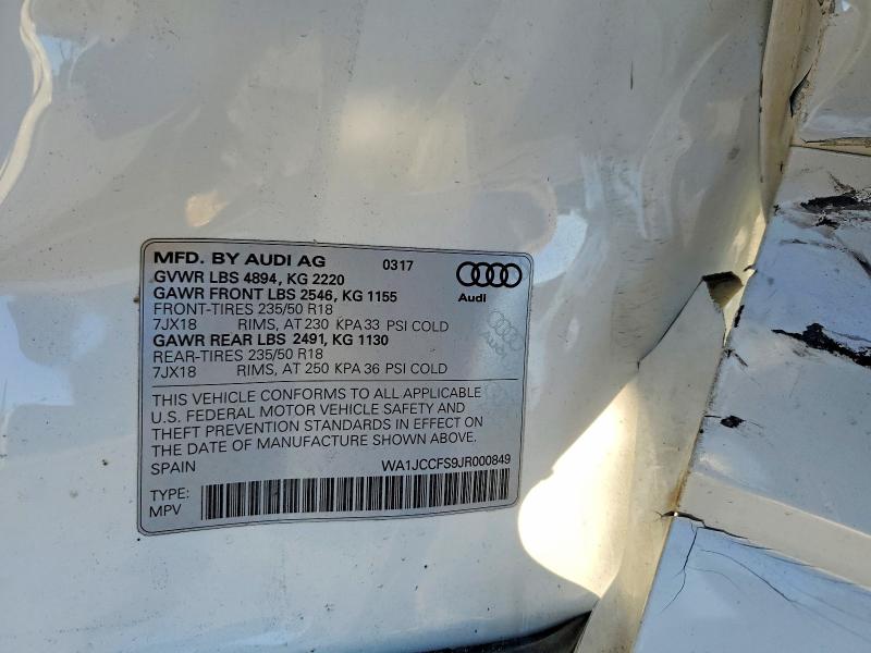 75280175 :رقم المزاد ، WA1JCCFS9JR000849 vin ، 2018 Audi Q3 مزاد بيع