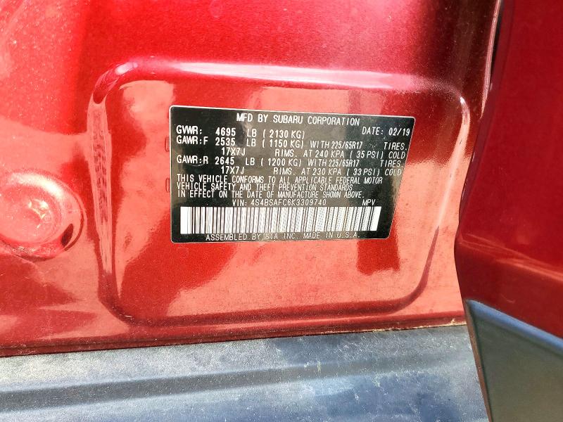 2019 Subaru Outback მანქანა იყიდება აუქციონზე, vin: 4S4BSAFC6K3309740, აუქციონის ნომერი: 78242705