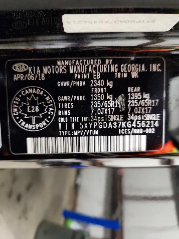 76463835 :رقم المزاد ، 5XYPGDA37KG456214 vin ، 2019 Kia Sorento مزاد بيع