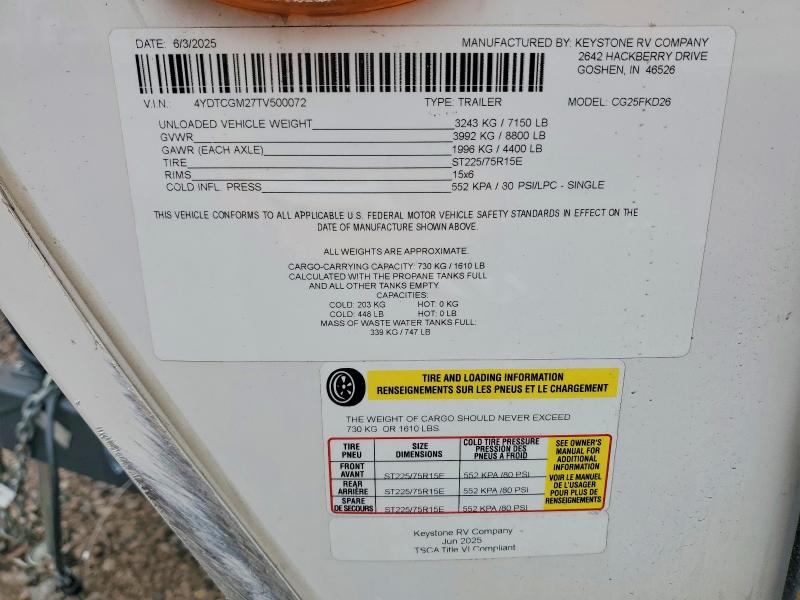Продаж на аукціоні авто 2026 Keystone Rv Cougar Xli, vin: 4YDTCGM27TV500072, номер лоту: 76735965
