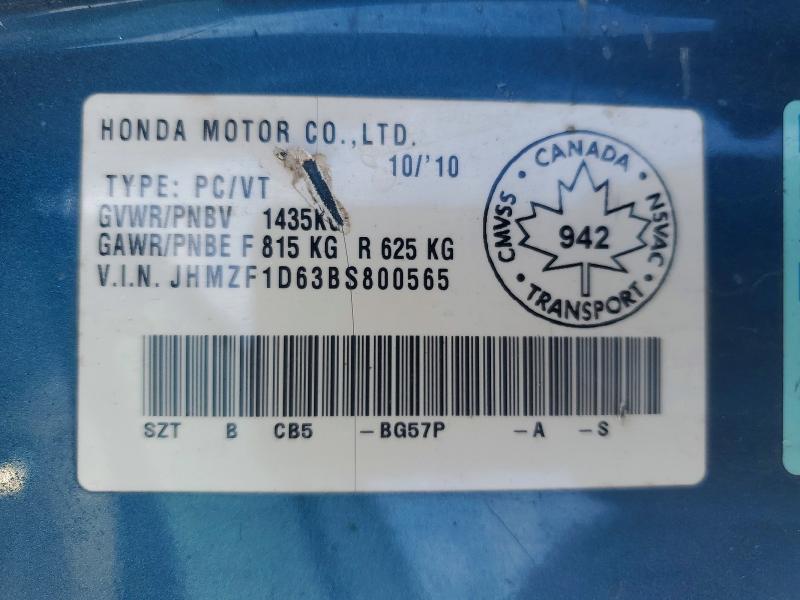 74966885 :رقم المزاد ، JHMZF1D63BS800565 vin ، 2011 Honda Cr-z مزاد بيع