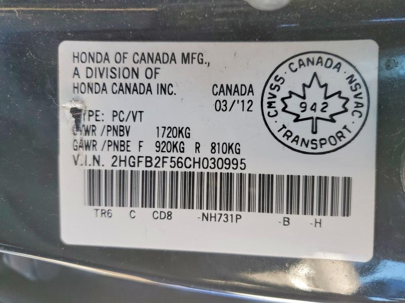 78626075 :رقم المزاد ، 2HGFB2F56CH030995 vin ، 2012 Honda Civic مزاد بيع