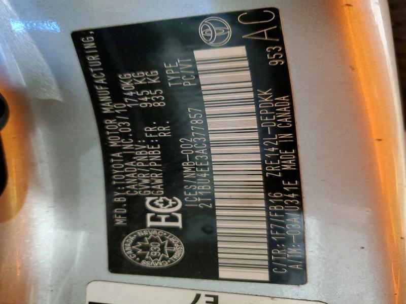 77372685 :رقم المزاد ، 2T1BU4EE3AC377857 vin ، 2010 Toyota Corolla مزاد بيع
