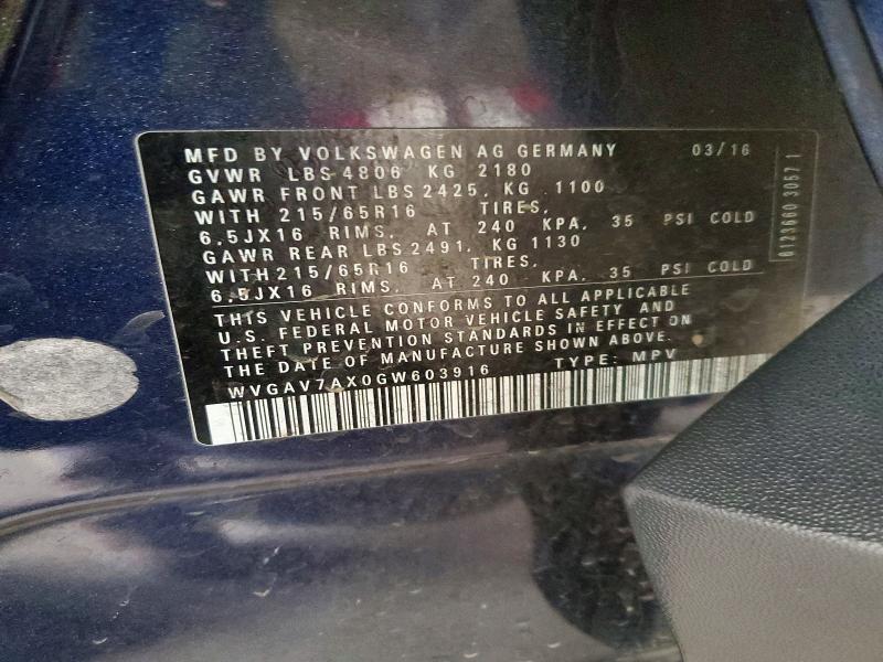 77698575 :رقم المزاد ، WVGAV7AX0GW603916 vin ، 2016 Volkswagen Tiguan مزاد بيع