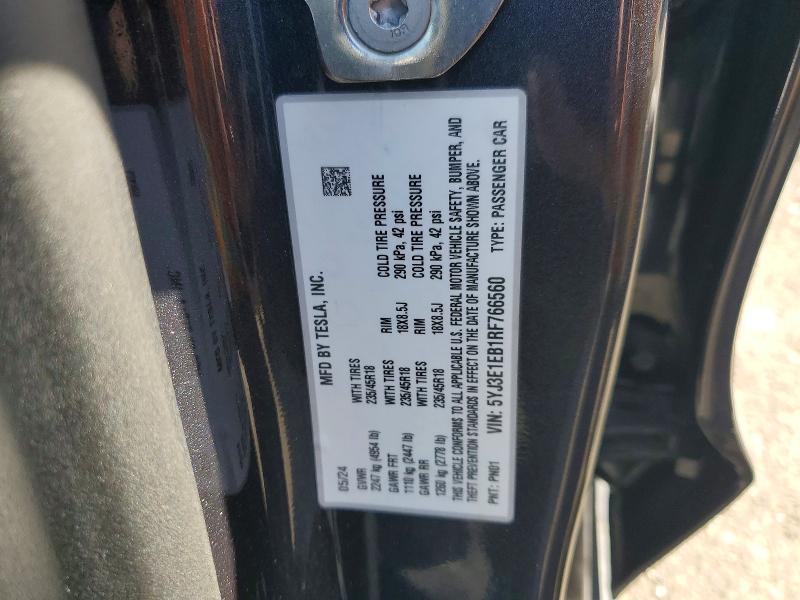 75819375 :رقم المزاد ، 5YJ3E1EB1RF766560 vin ، 2024 Tesla Model 3 مزاد بيع