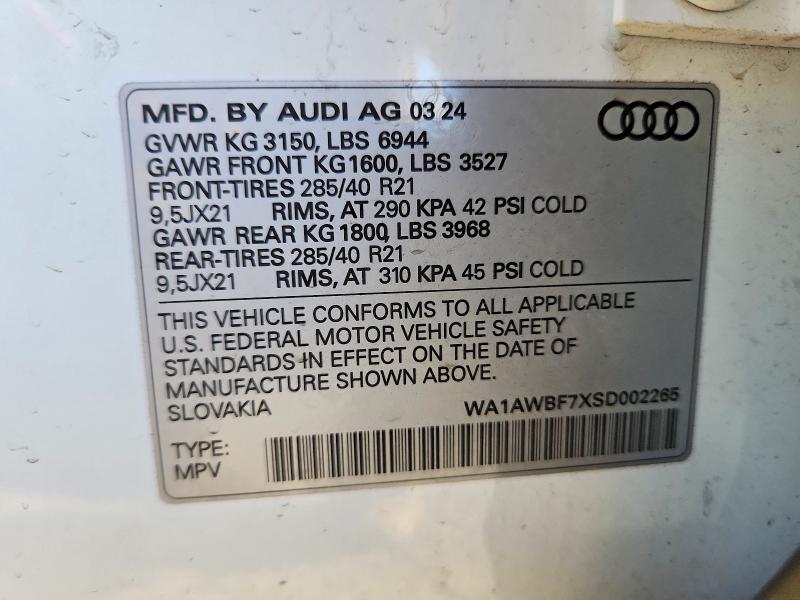 2025 Audi Sq7 მანქანა იყიდება აუქციონზე, vin: WA1AWBF7XSD002265, აუქციონის ნომერი: 76272395