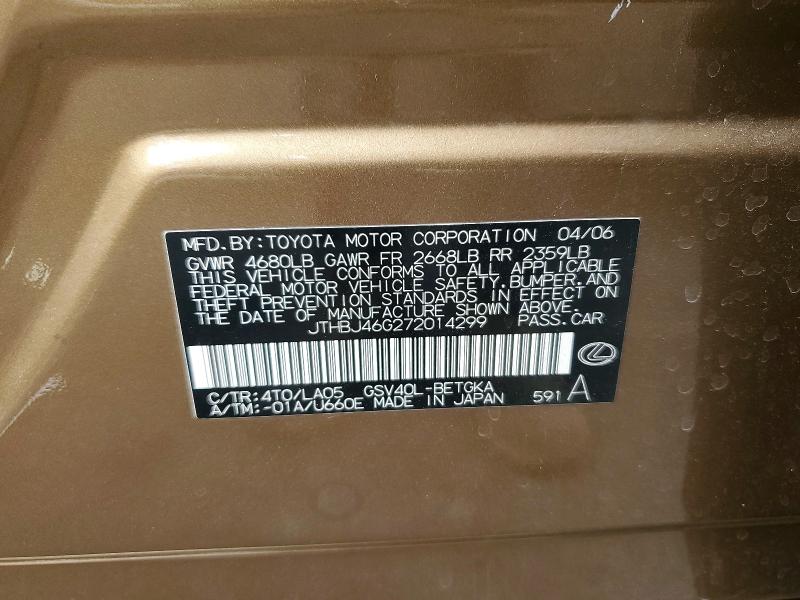 Продаж на аукціоні авто 2007 Lexus Es, vin: JTHBJ46G272014299, номер лоту: 76124115