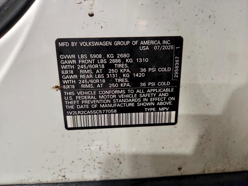 77029005 :رقم المزاد ، 1V2LR2CA5SC577058 vin ، 2025 Volkswagen Atlas مزاد بيع