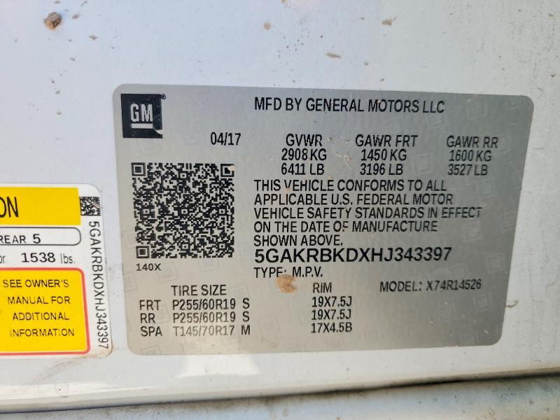 79090635 :رقم المزاد ، 5GAKRBKDXHJ343397 vin ، 2017 Buick Enclave مزاد بيع