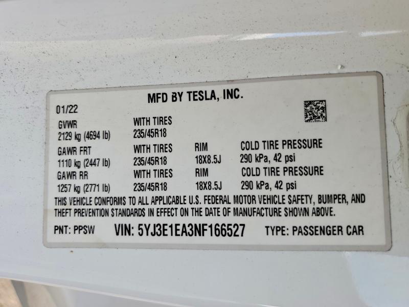 79100655 :رقم المزاد ، 5YJ3E1EA3NF166527 vin ، 2022 Tesla Model 3 مزاد بيع