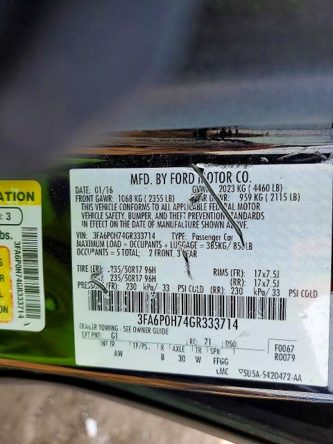 2016 Ford Fusion მანქანა იყიდება აუქციონზე, vin: 3FA6P0H74GR333714, აუქციონის ნომერი: 76928505