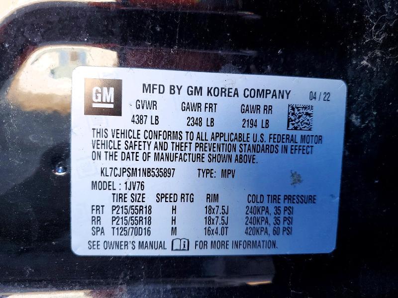 2022 Chevrolet Trax 1lt მანქანა იყიდება აუქციონზე, vin: KL7CJPSM1NB535897, აუქციონის ნომერი: 77351255