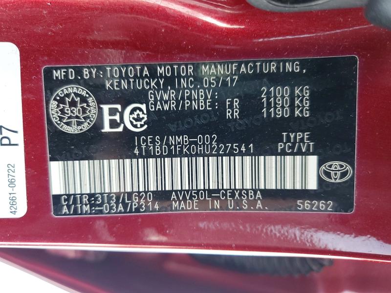 Продажа на аукционе авто 2017 Toyota Camry, vin: 4T1BD1FK0HU227541, номер лота: 76328665