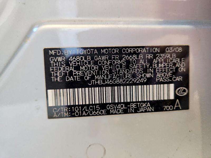 Продажа на аукционе авто 2008 Lexus Es, vin: JTHBJ46G882229249, номер лота: 78006805