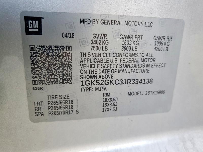 2018 Gmc Yukon Xl მანქანა იყიდება აუქციონზე, vin: 1GKS2GKC3JR334138, აუქციონის ნომერი: 77769815