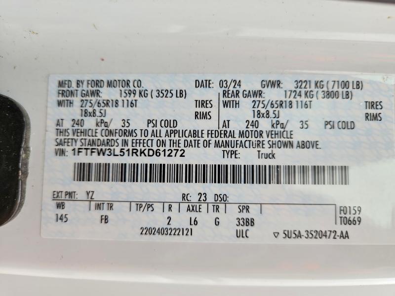 2024 Ford F150 მანქანა იყიდება აუქციონზე, vin: 1FTFW3L51RKD61272, აუქციონის ნომერი: 77098905